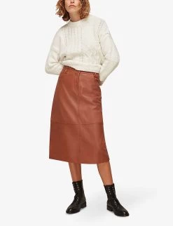 Whistles High-waisted Leather Midi Skirt -Mode Charm Shop R03731760 TAN ALT01