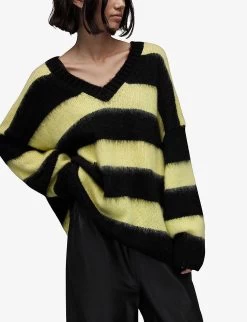 AllSaints Lou Striped-print V-neck Knitted Jumper -Mode Charm Shop R03751594 BLACKPISTACHI ALT02