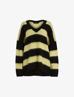 AllSaints Lou Striped-print V-neck Knitted Jumper