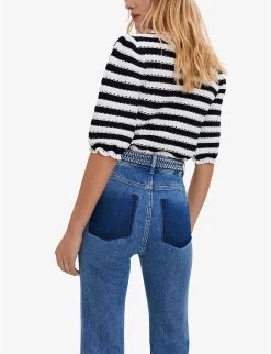 Maje Platane Braided-trim Flared High-rise Organic Cotton-blend Stretch-denim Jeans -Mode Charm Shop R03879067 BLEUS ALT04