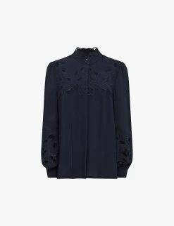 Reiss Sophie High-neck Lace-panelled Woven Blouse