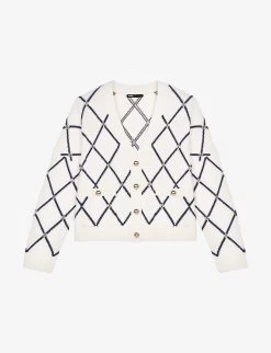 Maje Moove Diamond-pattern Logo-embellished Knitted Cardigan