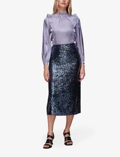 Whistles Sally Sequin-embellished Stretch Recycled-polyester Midi Skirt -Mode Charm Shop R04069977 BLACK ALT01