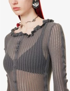 Acne Studios Frilled-trim Scoop-neck Stretch-knit Midi Dress -Mode Charm Shop R04089971 CHARCOALGREY ALT04