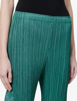 Pleated Elasticated-waist Wide-leg Mid-rise Woven Trousers 11 Pleated Elasticated-waist Wide-leg Mid-rise Woven Trousers -Mode Charm Shop R04100443 62GREEN ALT04