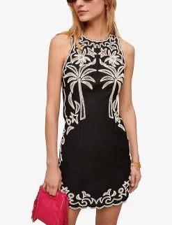 Maje Palm Tree-embroidered Cotton Mini Dress -Mode Charm Shop R04101511 NOIRGRIS ALT04