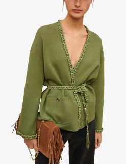 Maje Madeno Chain-trimmed Belted Stretch-woven Cardigan 9 Maje Madeno Chain-trimmed Belted Stretch-woven Cardigan -Mode Charm Shop R04101828 BRUNS ALT02