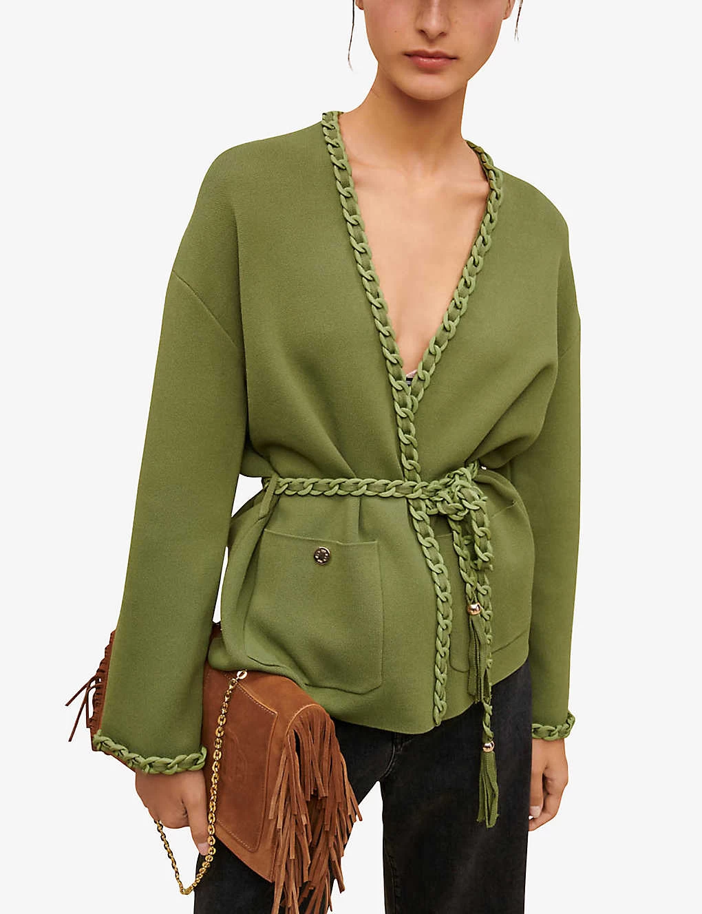 Maje Madeno Chain-trimmed Belted Stretch-woven Cardigan 5 Maje Madeno Chain-trimmed Belted Stretch-woven Cardigan - Image 3