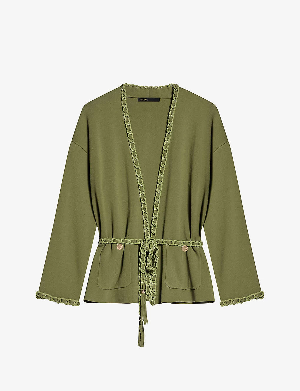 Maje Madeno Chain-trimmed Belted Stretch-woven Cardigan 3 Maje Madeno Chain-trimmed Belted Stretch-woven Cardigan