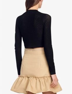 Sandro Auvent Cropped Pointelle Stretch-knit Cardigan -Mode Charm Shop R04102322 NOIRGRIS ALT03