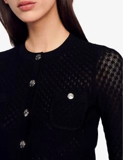 Sandro Auvent Cropped Pointelle Stretch-knit Cardigan -Mode Charm Shop R04102322 NOIRGRIS ALT04