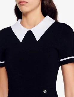 Sandro Contrast-collar Stretch-knit Mini Dress -Mode Charm Shop R04102438 NOIRGRIS ALT04
