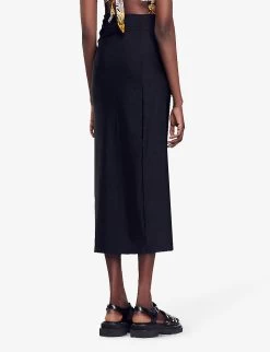 Sandro Cut-out Side-split Stretch-woven Midi Skirt -Mode Charm Shop R04102685 NOIRGRIS ALT03