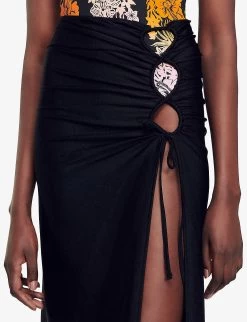 Sandro Cut-out Side-split Stretch-woven Midi Skirt -Mode Charm Shop R04102685 NOIRGRIS ALT04