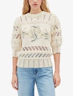 CLAUDIE PIERLOT Meliana Embroidered-motif Cotton-blend Jumper -Mode Charm Shop R04103424 NATURELS ALT02