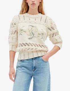 CLAUDIE PIERLOT Meliana Embroidered-motif Cotton-blend Jumper -Mode Charm Shop R04103424 NATURELS ALT04
