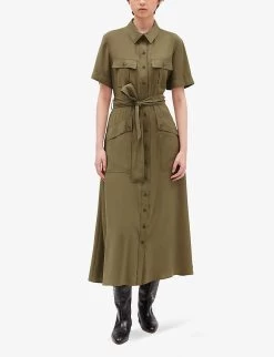 CLAUDIE PIERLOT Repos Belted Woven Midi Shirt Dress -Mode Charm Shop R04105513 VERTS ALT02