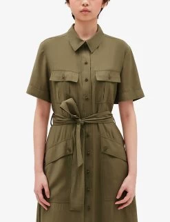CLAUDIE PIERLOT Repos Belted Woven Midi Shirt Dress -Mode Charm Shop R04105513 VERTS ALT04
