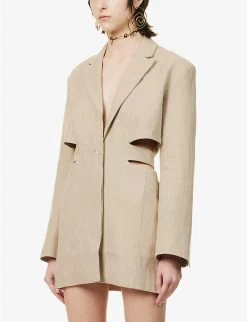 Jacquemus La Robe Cut-out Padded-shoulders Linen Mini Dress -Mode Charm Shop R04107865 BEIGE ALT02