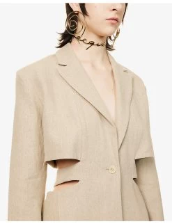 Jacquemus La Robe Cut-out Padded-shoulders Linen Mini Dress -Mode Charm Shop R04107865 BEIGE ALT04