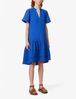 ME AND EM V-neck Tiered-hem Cotton Mini Dress -Mode Charm Shop R04122093 ELECTRICBLUE ALT02