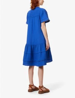 ME AND EM V-neck Tiered-hem Cotton Mini Dress -Mode Charm Shop R04122093 ELECTRICBLUE ALT03
