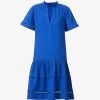 ME AND EM V-neck Tiered-hem Cotton Mini Dress -Mode Charm Shop R04122093 ELECTRICBLUE M