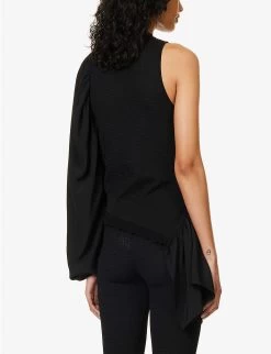 STELLA MCCARTNEY One-sleeve Draped-panel Knitted Top -Mode Charm Shop R04125578 BLACK ALT03