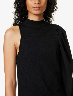 STELLA MCCARTNEY One-sleeve Draped-panel Knitted Top -Mode Charm Shop R04125578 BLACK ALT04