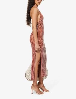 V-neck Striped Crochet-knit Maxi Dress -Mode Charm Shop R04126875 GOLDFLAME ALT01