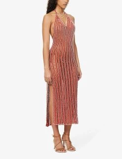 V-neck Striped Crochet-knit Maxi Dress -Mode Charm Shop R04126875 GOLDFLAME ALT02