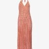 V-neck Striped Crochet-knit Maxi Dress -Mode Charm Shop R04126875 GOLDFLAME M