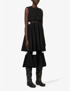 Sheer-panelled Sleeveless Wool Midi Dress -Mode Charm Shop R04127316 BLACK ALT02