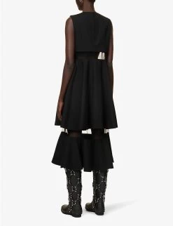 Sheer-panelled Sleeveless Wool Midi Dress -Mode Charm Shop R04127316 BLACK ALT03