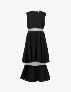Sheer-panelled Sleeveless Wool Midi Dress