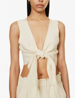 Cherry Self-tie Organic-linen Top -Mode Charm Shop R04128929 CREAM ALT04