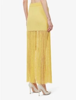Casablanca Fringed High-waisted Knitted Midi Skirt -Mode Charm Shop R04133098 YELLOW ALT03