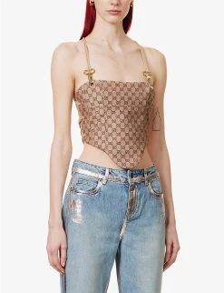 Logo Jacquard-print Upcycled Woven Top -Mode Charm Shop R04133432 BROWNMONOGRAM ALT02