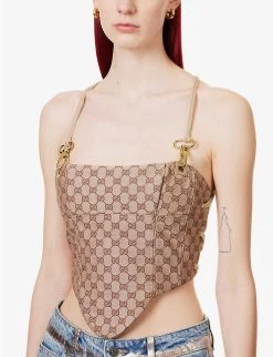 Logo Jacquard-print Upcycled Woven Top -Mode Charm Shop R04133432 BROWNMONOGRAM ALT04