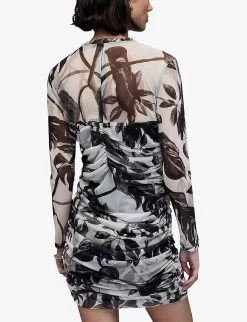 AllSaints Giorgia Jackie Floral-print Stretch Recycled-polyester Mini Dress -Mode Charm Shop R04134783 ECRUWHITE ALT03