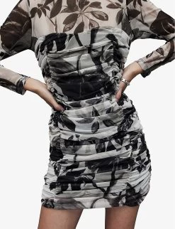 AllSaints Giorgia Jackie Floral-print Stretch Recycled-polyester Mini Dress -Mode Charm Shop R04134783 ECRUWHITE ALT04