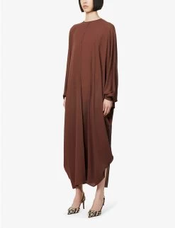 Valentino Cape-overlay Dolman-sleeve Silk-crepe Midi Dress -Mode Charm Shop R04135621 CHESTNUTCREAM ALT02