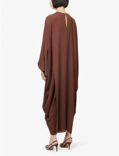 Valentino Cape-overlay Dolman-sleeve Silk-crepe Midi Dress -Mode Charm Shop R04135621 CHESTNUTCREAM ALT03