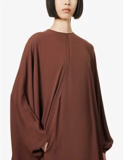 Valentino Cape-overlay Dolman-sleeve Silk-crepe Midi Dress -Mode Charm Shop R04135621 CHESTNUTCREAM ALT04