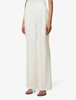 Alexander McQueen Pleated Folded-hem Wide-leg Mid-rise Wool Trousers -Mode Charm Shop R04136272 LIGHTIVORY ALT02