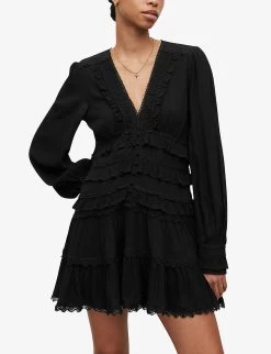 AllSaints Zora Ruffled Woven Mini Dress -Mode Charm Shop R04136396 BLACK ALT02