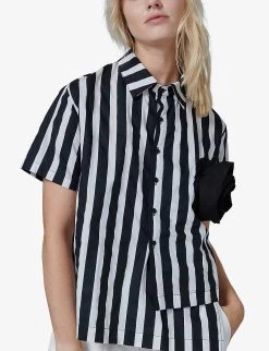 Floral-appliqué Striped Cotton Shirt -Mode Charm Shop R04141921 BLACKWHITE ALT02