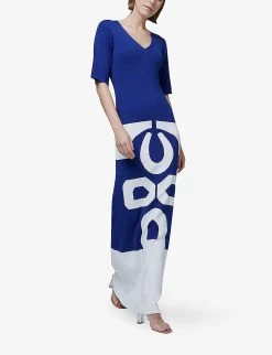 Patterned V-neck Regular-fit Knitted Maxi Dress -Mode Charm Shop R04141935 COBALT ALT01