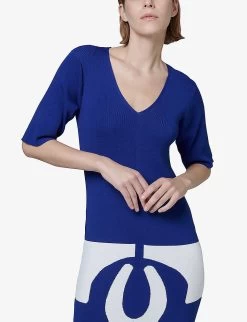 Patterned V-neck Regular-fit Knitted Maxi Dress -Mode Charm Shop R04141935 COBALT ALT02