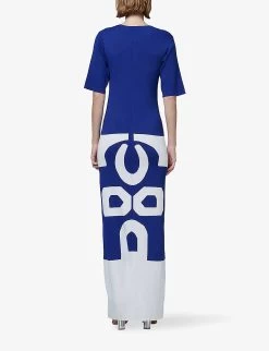 Patterned V-neck Regular-fit Knitted Maxi Dress -Mode Charm Shop R04141935 COBALT ALT03